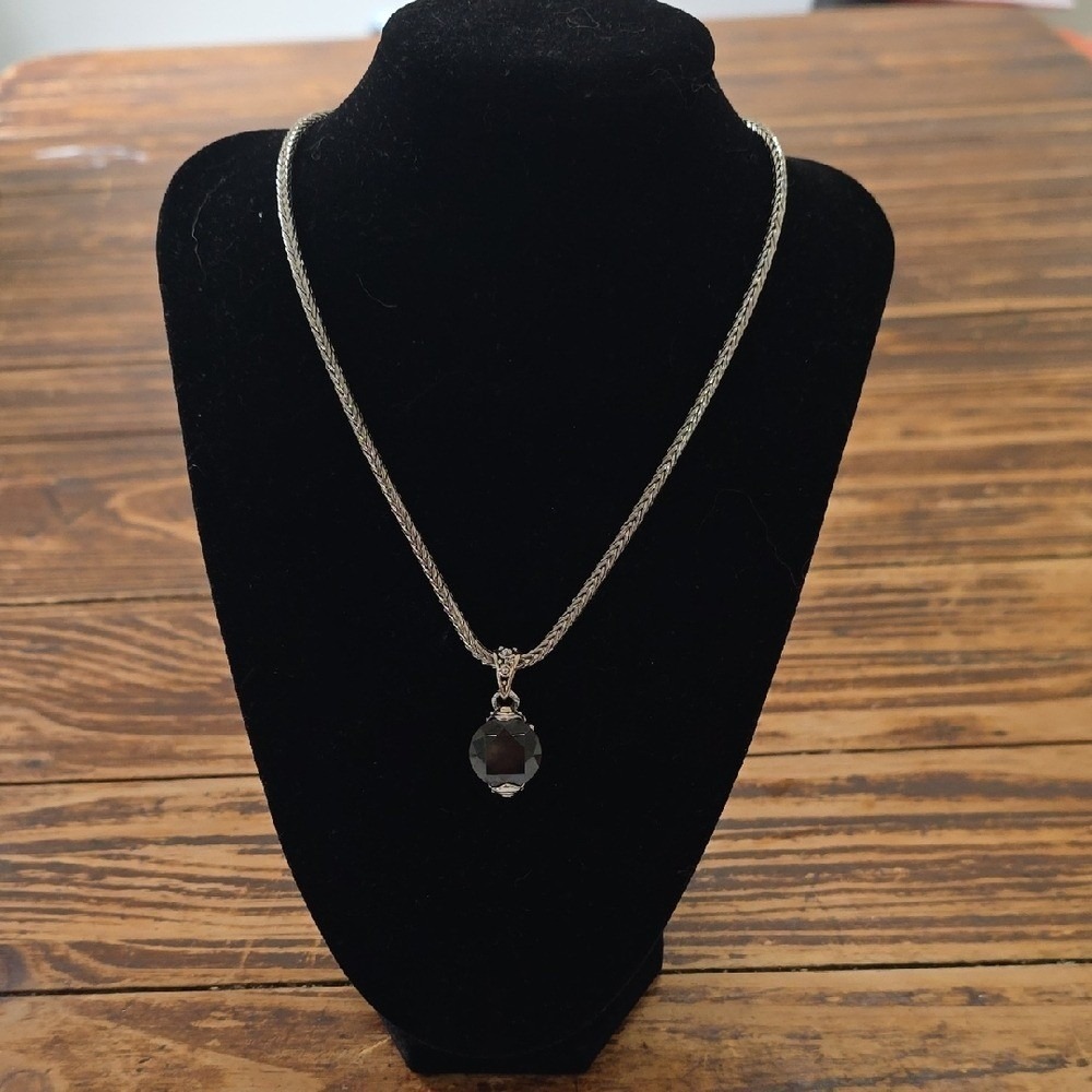 Silver Chain Necklace with Black Faceted Pendant